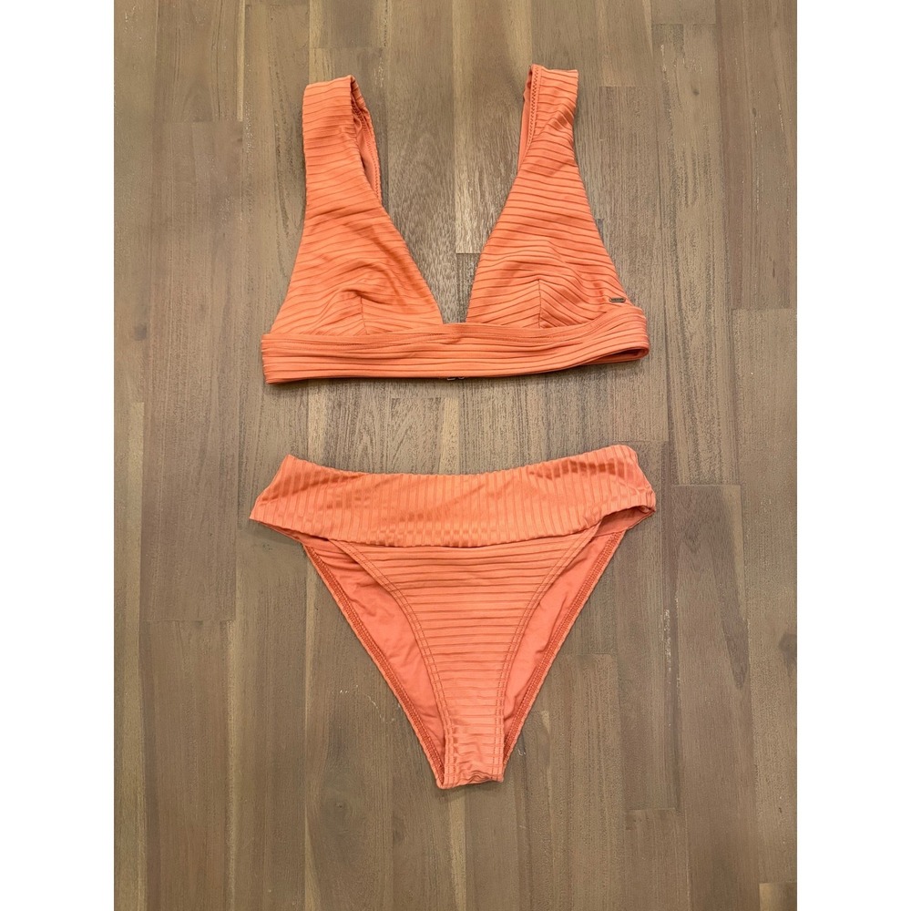 Rip Curl Coral Ribbed V‎ Neck Bikini Swimsuit Set Women